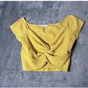 Womens Crop Top Mustard Yellow Twist Front Plunge Neck Gauze Waffle Sz Medium M